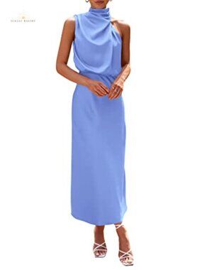 Women's Sleeveless Mock Neck Satin Maxi Dress Formal Cocktail Party